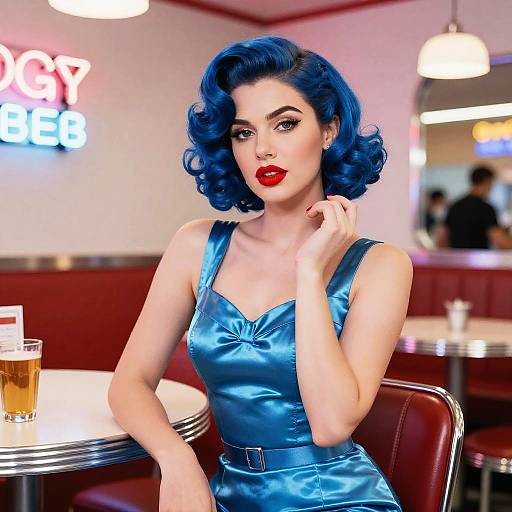 Retro Style Woman with Blue Hair in Satin Dress at Vintage Diner