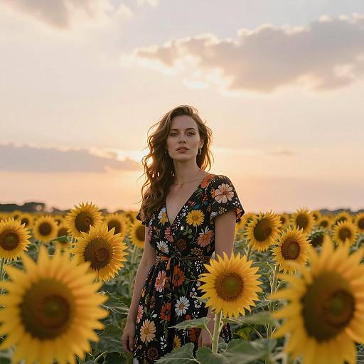 Woman in Floral Dress Standing in Sunflower Field at Sunset