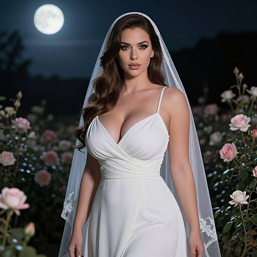 Elegant Bride in White Gown with Veil Under Moonlit Rose Garden