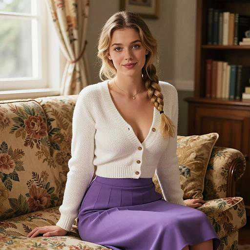 Young Woman in White Cardigan and Purple Skirt Sitting on Floral Sofa