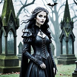 Gothic Woman in Misty Graveyard
