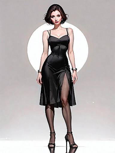 Realistic Chic Woman in Black Dress Full Body Illustration