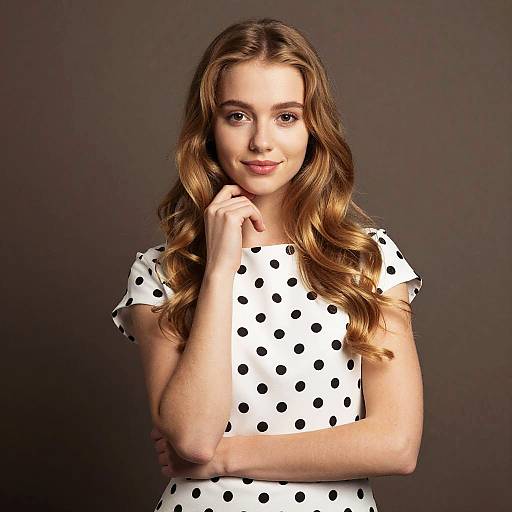 Confident Young Woman in Polka Dot Dress with Wavy Blonde Hair