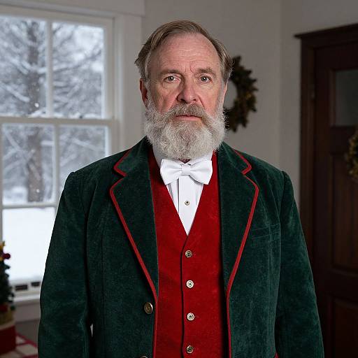 Elderly Man in Festive Green and Red Velvet Coat with White Beard