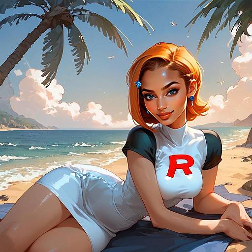 Anime Style Woman in White Dress with Red R on Tropical Beach Illustration