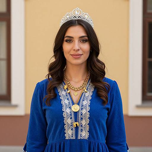 Woman in Traditional Blue Dress with Gold Jewelry and Tiara