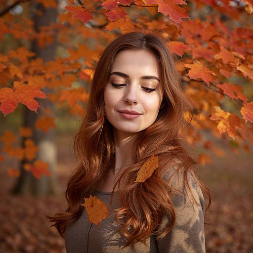 Serene Young Woman Surrounded by Autumn Leaves in Forest