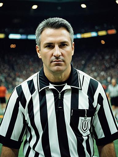 Photorealistic Portrait of Man in Referee Costume at Sports Arena