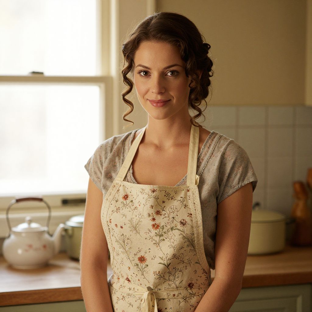 Young Woman Wearing Floral Apron in Cozy Vintage Kitchen