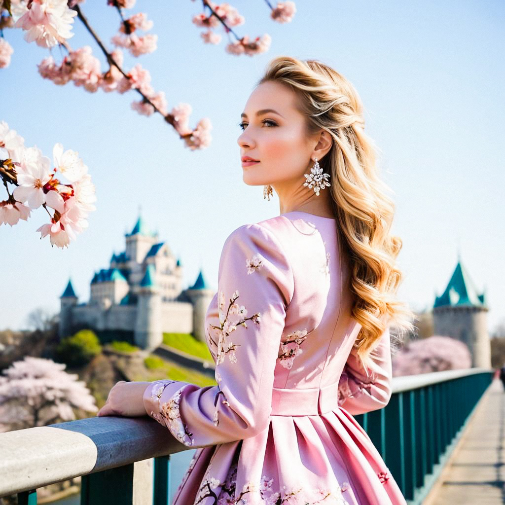 Woman in Pink Dress on Cherry Blossom Bridge Woman in Pink Dress on Cherry Blossom Bridge