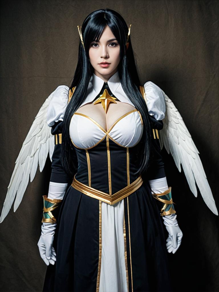 Realistic Albedo Cosplay Woman in Elegant Winged Costume