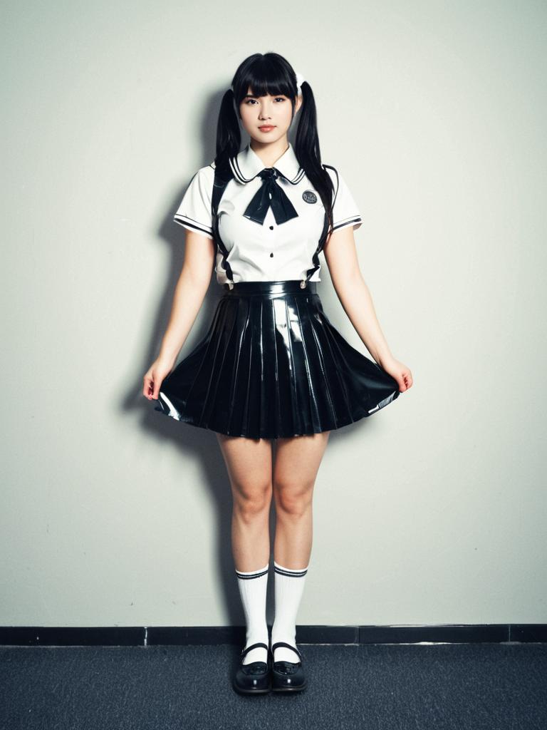 Woman in Latex Schoolgirl Costume Full Body Cosplay Photo with Pleated Skirt