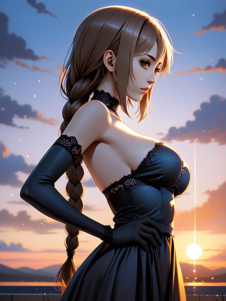 Anime Style Woman in Elegant Black Dress at Sunset Digital Art