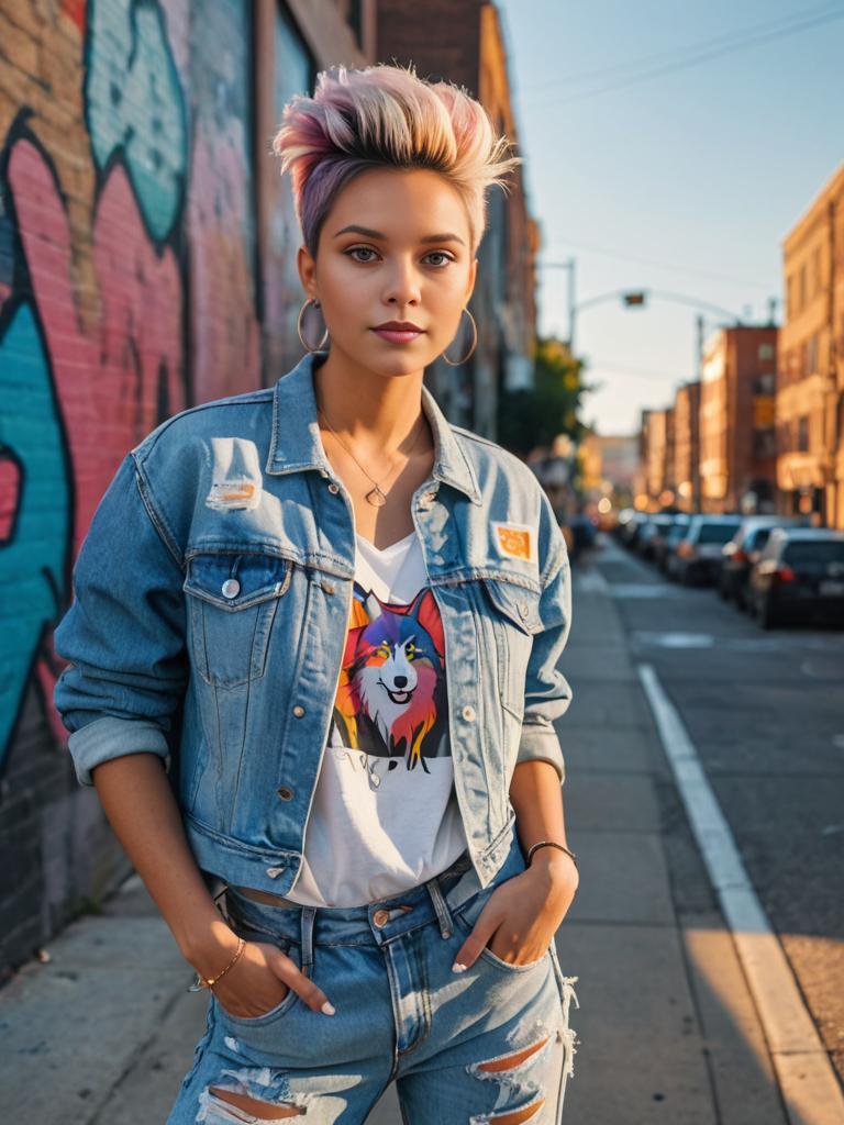 Fashionable Woman with Wolf-Cut Hairstyle in Front of Vibrant Mural