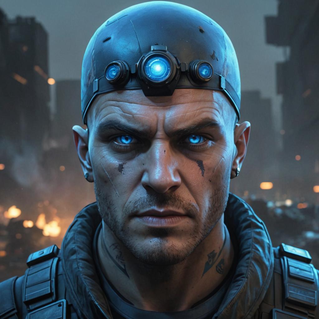 Angry Soldier with Tech Gear in Dystopian Setting