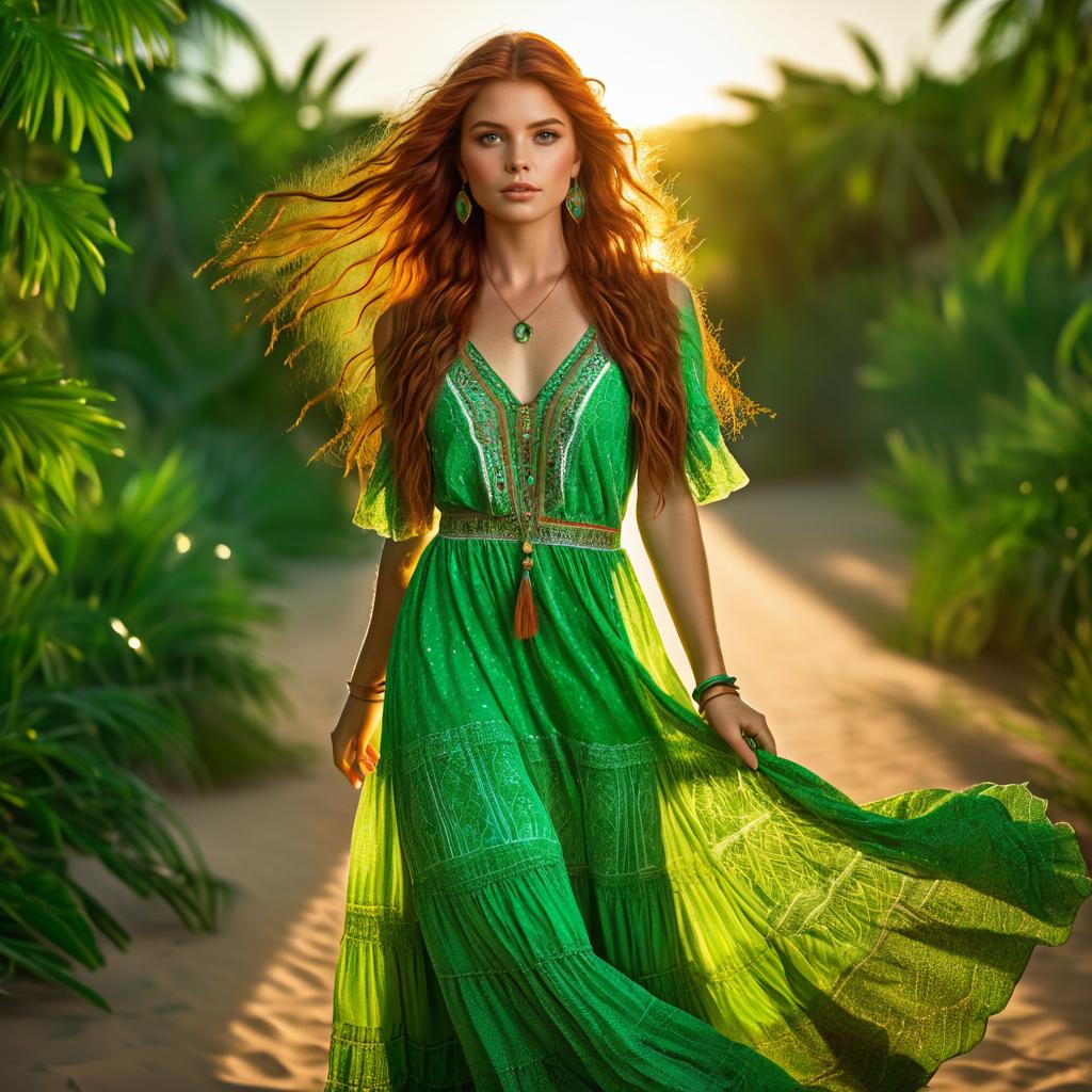 Woman in Green Dress in Tropical Landscape