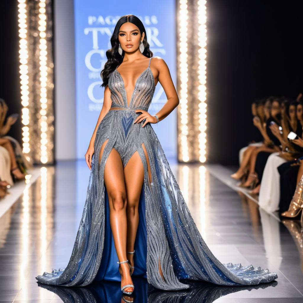 Model in Shimmering Silver Gown on Runway