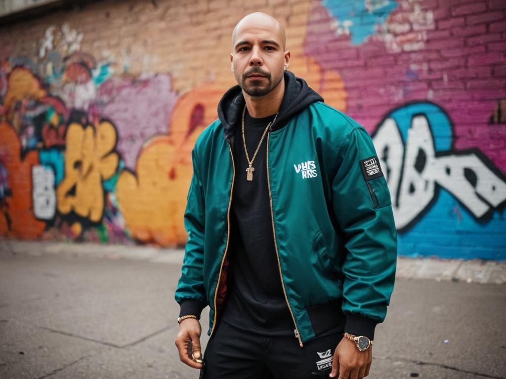 Man in Green Bomber Jacket Against Graffiti Wall