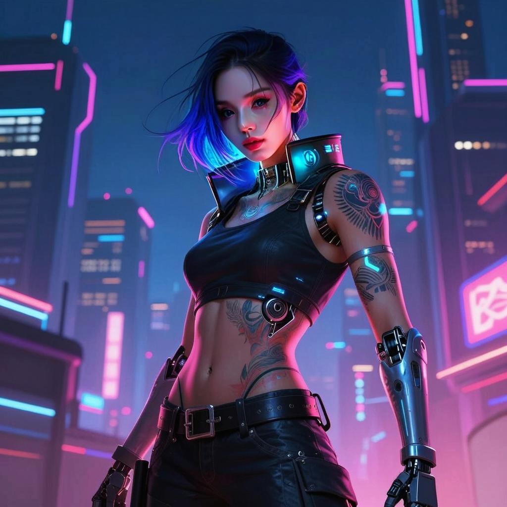 Cyberpunk Woman with Robotic Arms in Neon City at Night