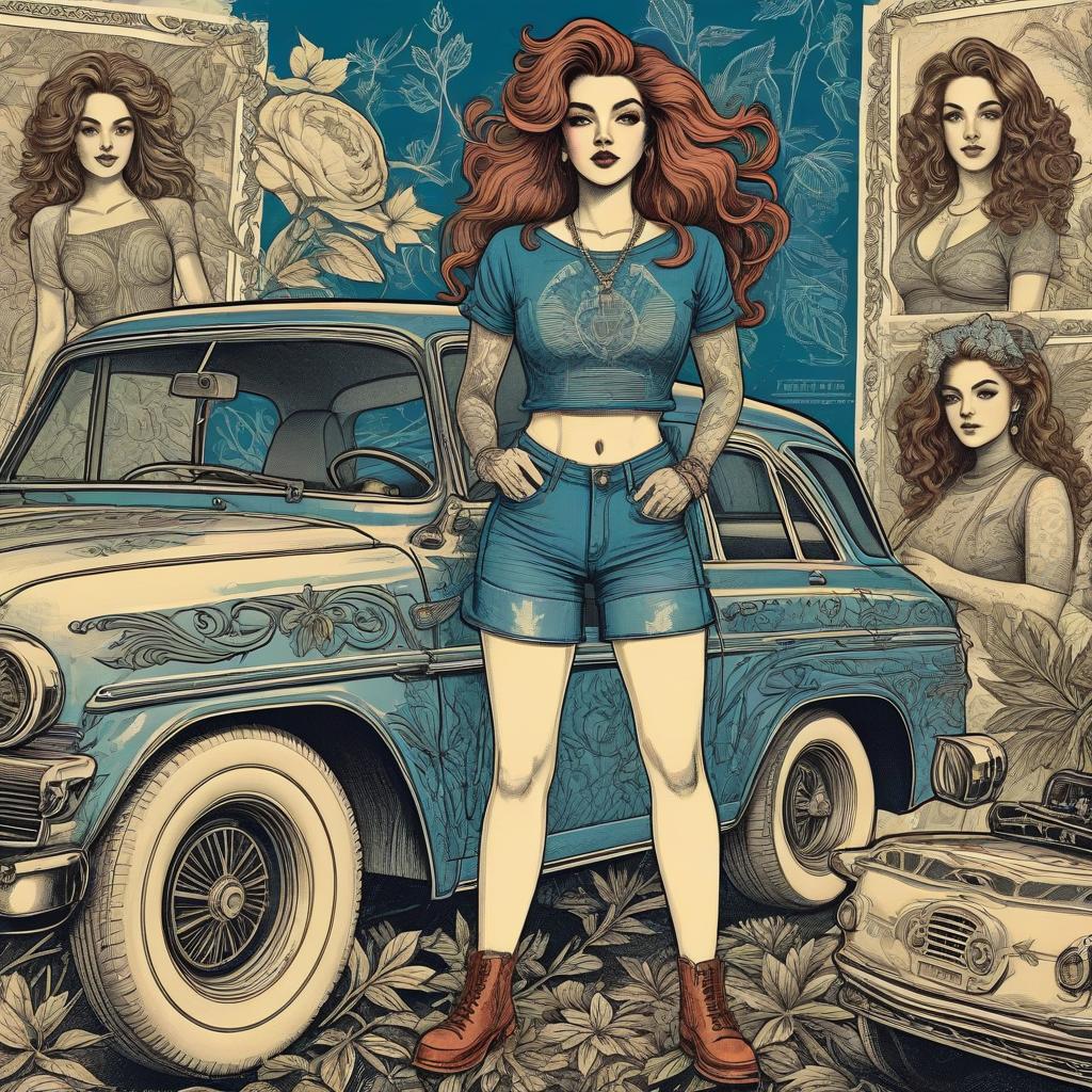 Confident Woman with Classic Cars and Floral Patterns Confident Woman with Classic Cars and Floral Patterns