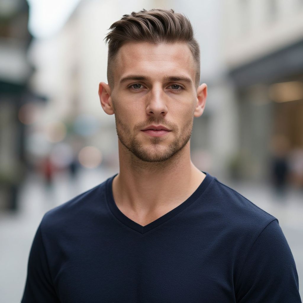 Close-Up Portrait of Young Man with Modern Haircut in Urban Setting