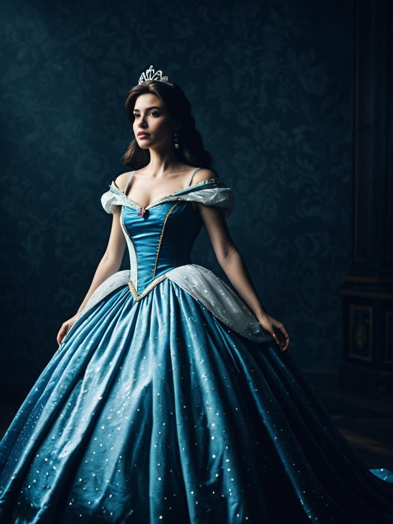 Woman in Disney Princess Dress Dramatic Editorial Photorealistic Photo