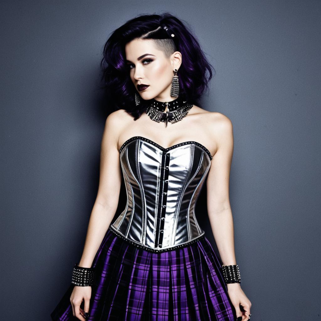 Gothic Punk Woman with Purple Hair in Metallic Corset and Plaid Skirt