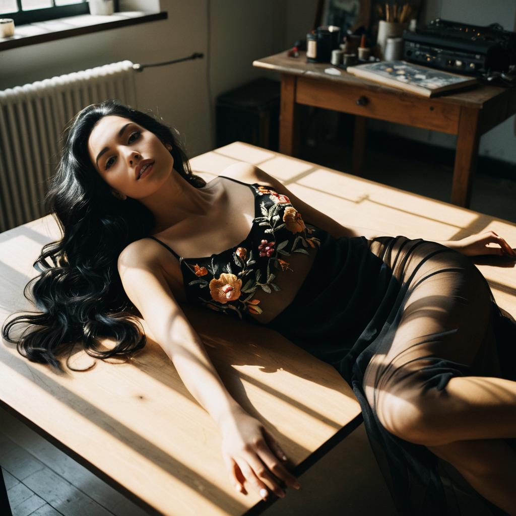Woman in Black Dress with Floral Embroidery on Wooden Table