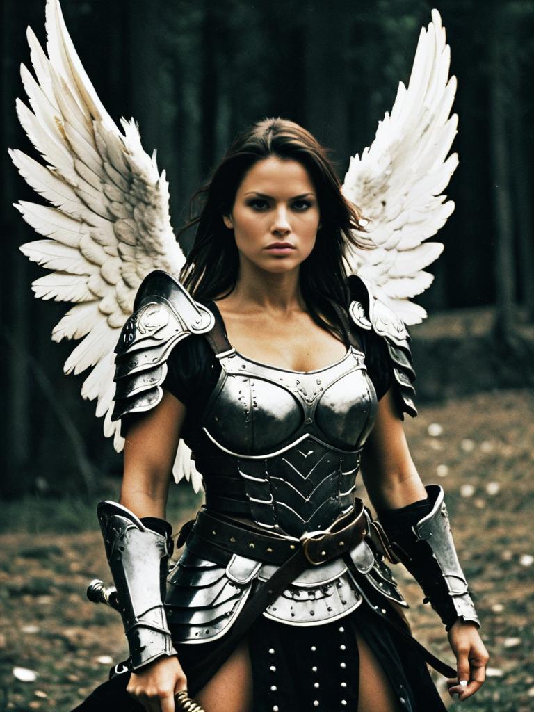 Female Warrior Angel in Medieval Armor with Wings in Forest