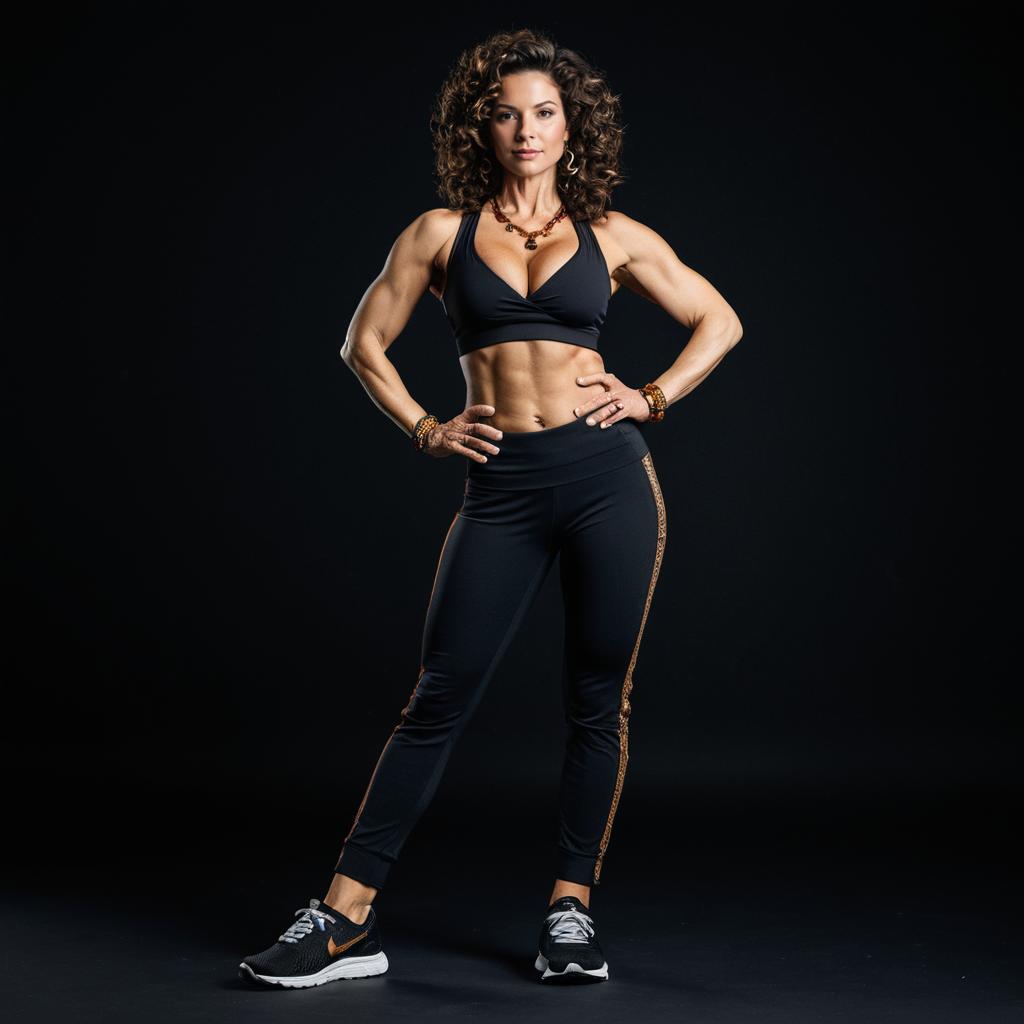 Strong Fit Woman Posing in Black Sportswear with Muscular Physique