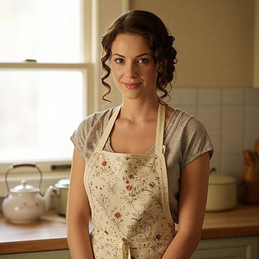 Young Woman Wearing Floral Apron in Cozy Vintage Kitchen