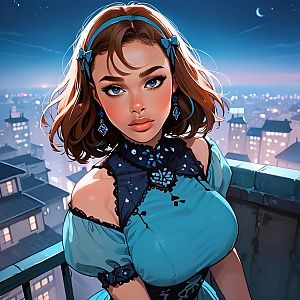Young Woman in Blue Lace Outfit on Rooftop at Night