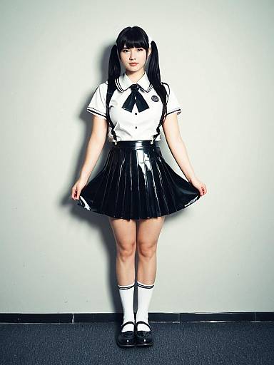 Woman in Latex Schoolgirl Costume Full Body Cosplay Photo with Pleated Skirt