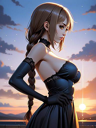 Anime Style Woman in Elegant Black Dress at Sunset Digital Art