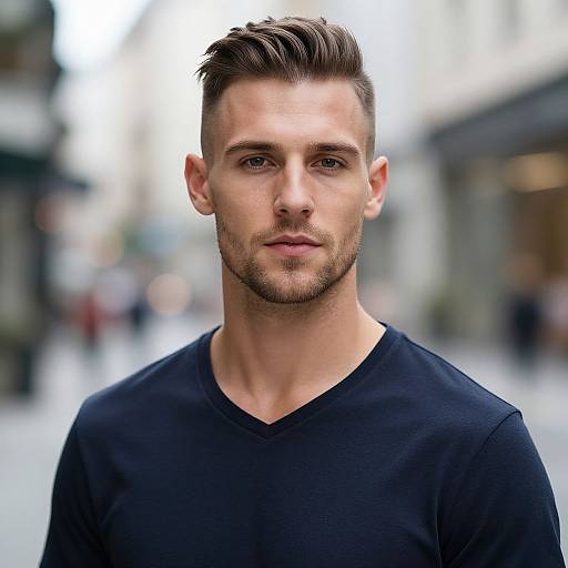 Close-Up Portrait of Young Man with Modern Haircut in Urban Setting