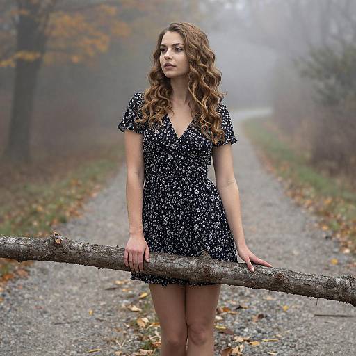 Young Woman Holding Tree Branch on Foggy Autumn Path