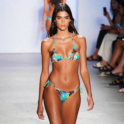 Gen Z Woman Modeling Colorful Tropical Bikini on Runway