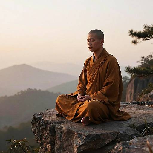 Buddhist Monk Meditating on Mountain Cliff at Sunrise