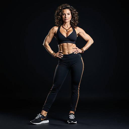 Strong Fit Woman Posing in Black Sportswear with Muscular Physique