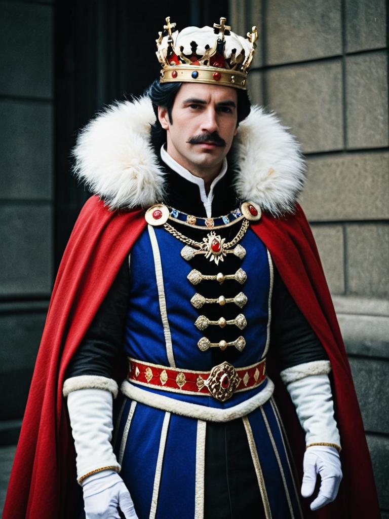 Man in King Costume with Red Cape and Crown Professional Cosplay Photography