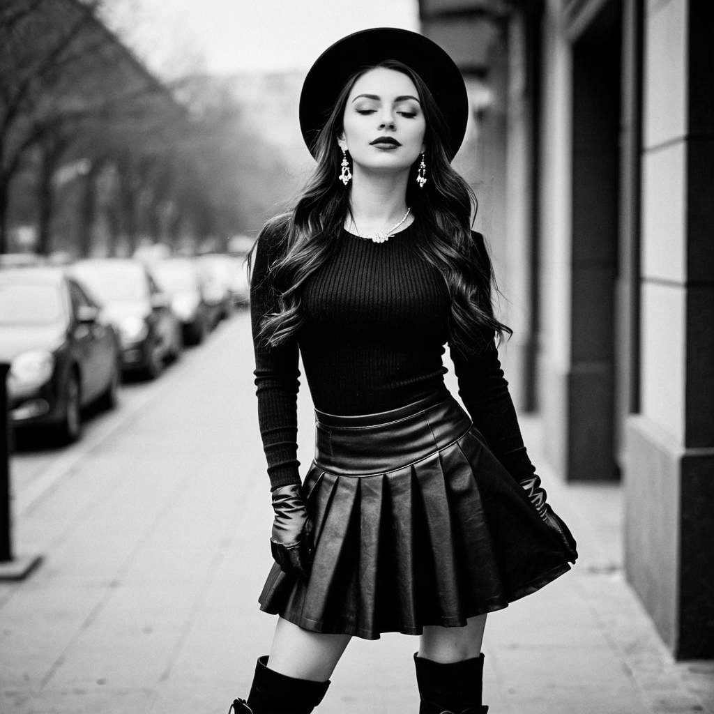 Chic Woman in Leather Skirt on City Sidewalk Chic Woman in Leather Skirt on City Sidewalk