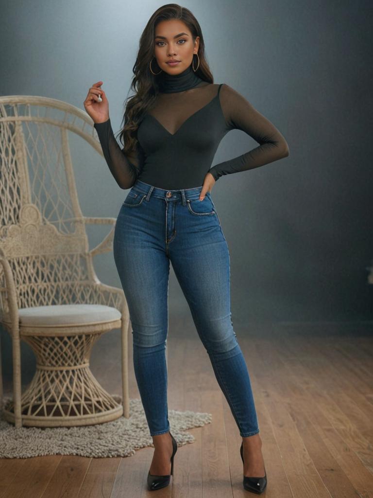 Stylish Woman in Chic Bodysuit and Jeans