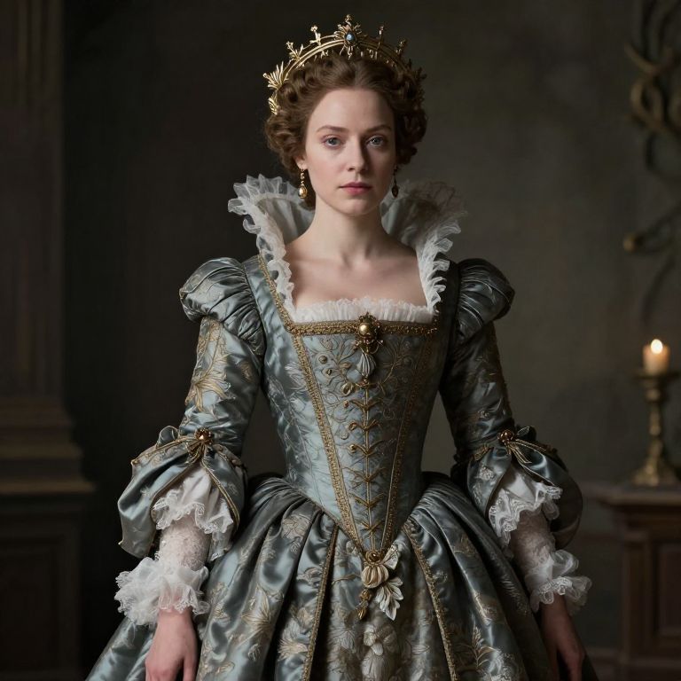 Woman in Royal Renaissance-era Gown with Gold Embroidery and Crown