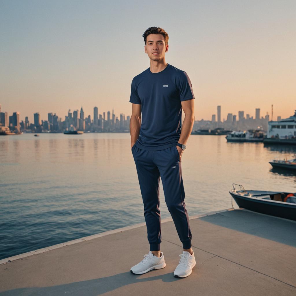 Stylish Man in Athletic Wear by City Waterfront at Sunset