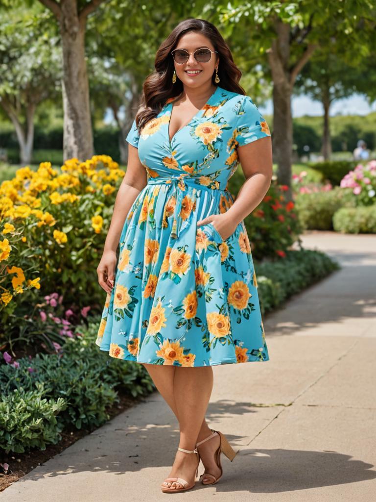 Woman in Floral Dress in Sunny Garden