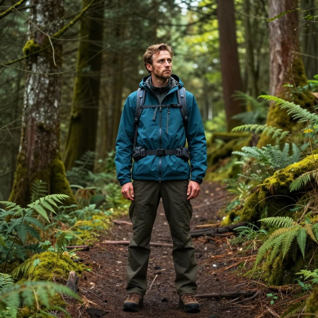 Man Hiking in Forest Trail with Backpack and Outdoor Gear