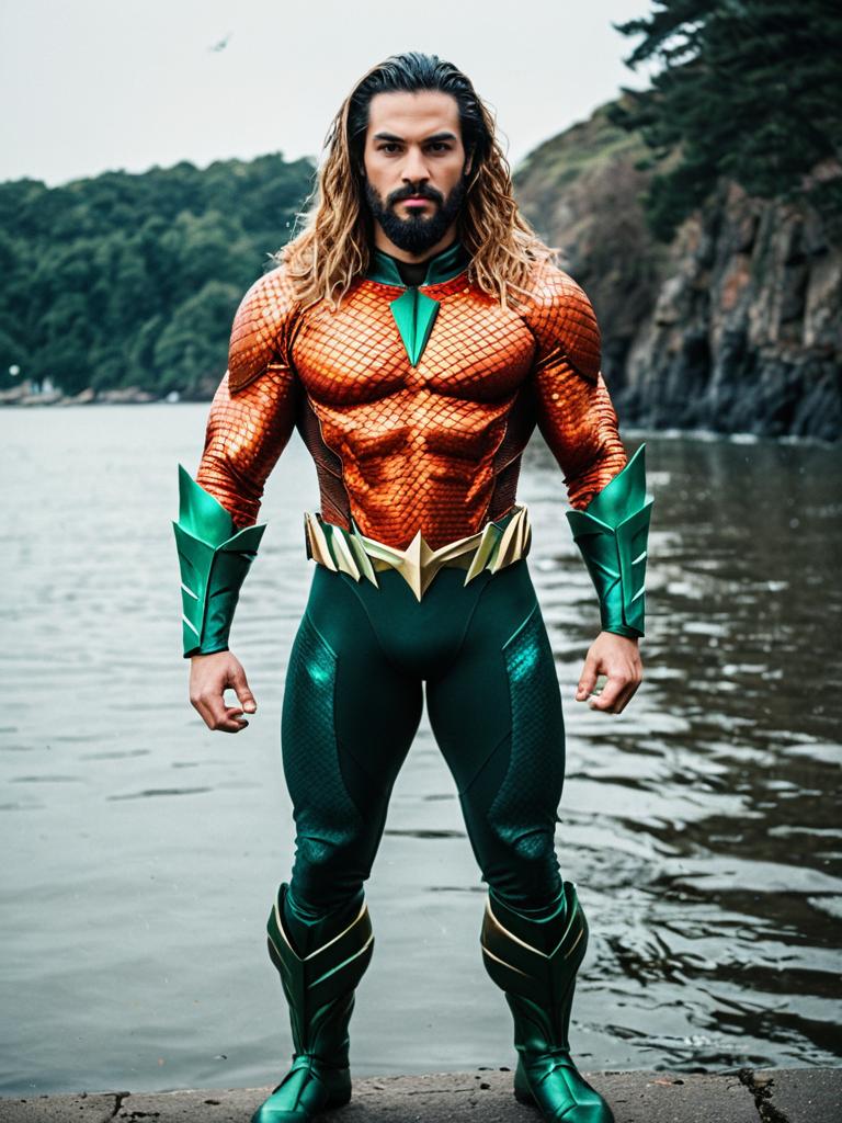 Realistic Aquaman Super Friends Costume Man Cosplay by the Water