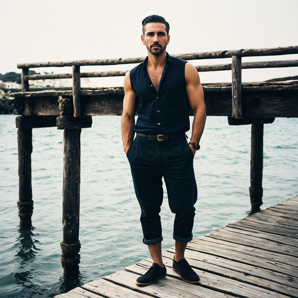 Stylish Man on Rustic Pier by Water