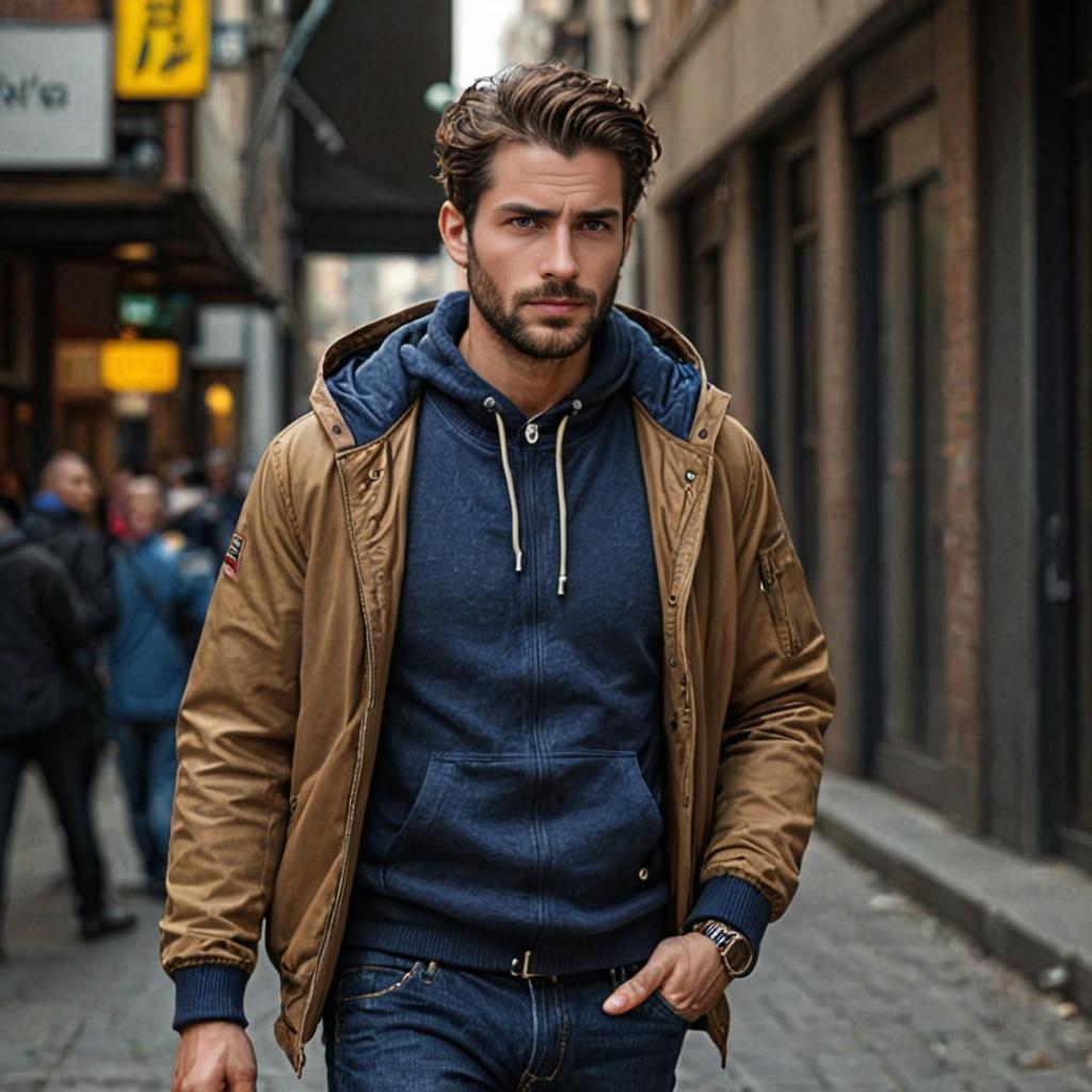 Stylish Man in Brown Jacket and Blue Hoodie on City Street