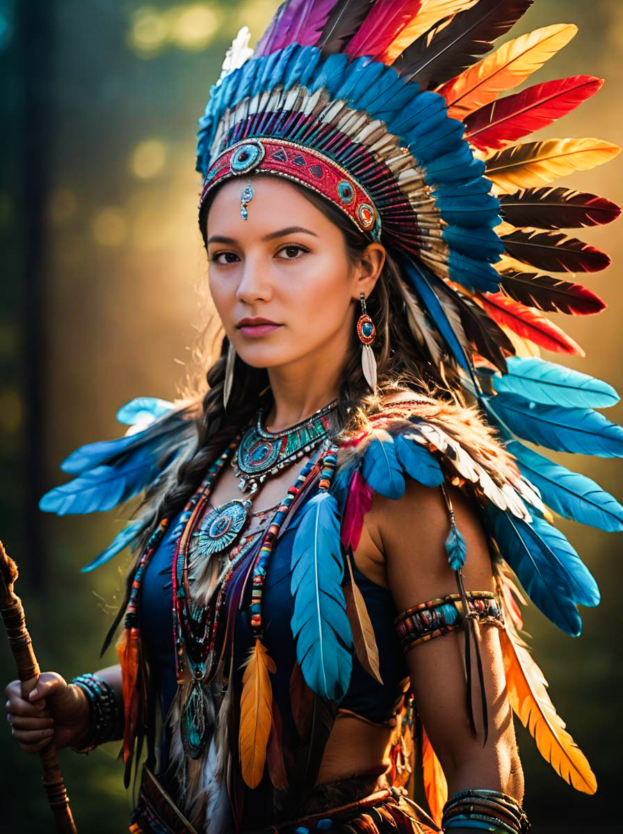 Woman in Vibrant Native American Attire with Feather Headdress